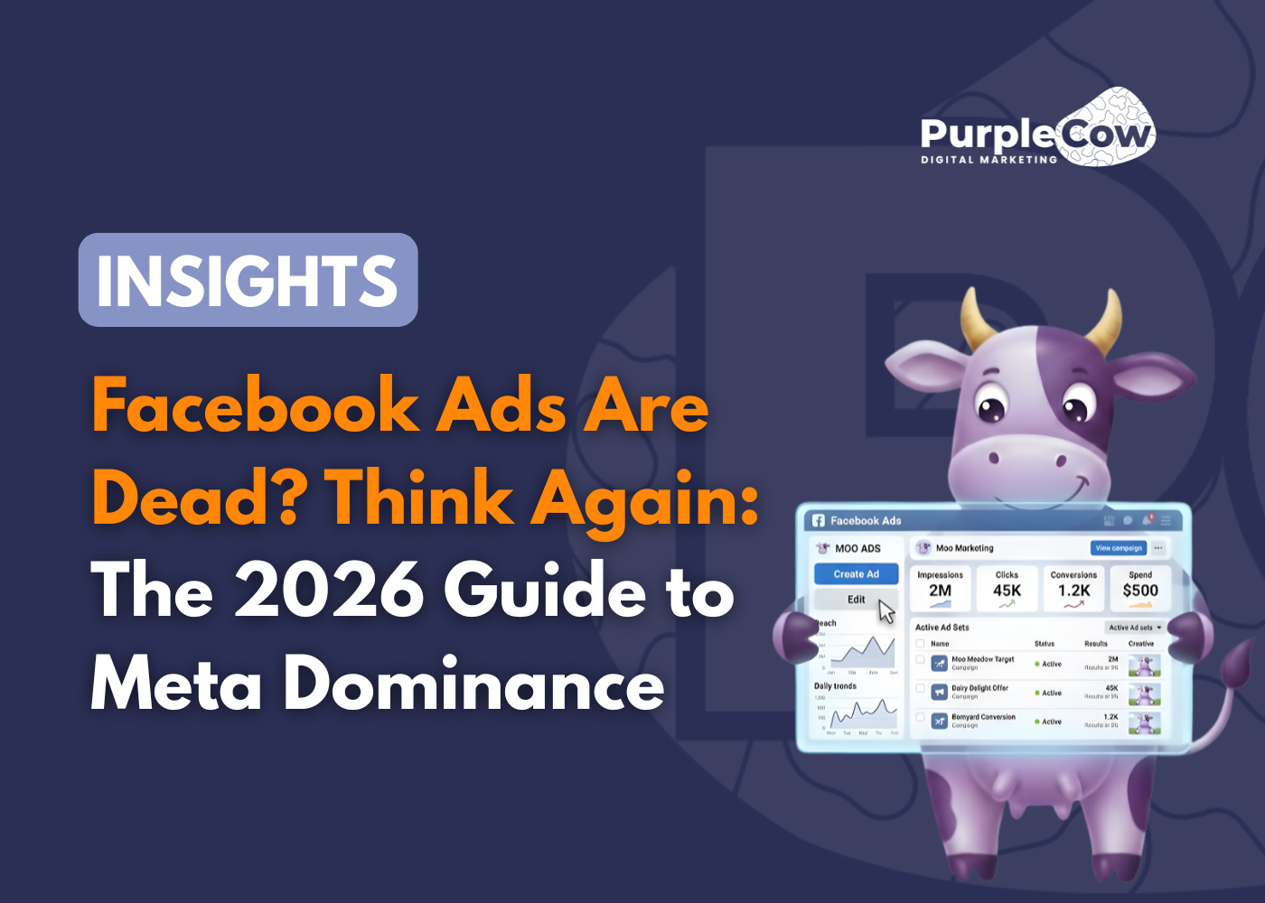 A digital ad for PurpleCow Digital Marketing reads: "Facebook Ads Are Dead? Think Again: The 2026 Guide to Meta Dominance," with a cartoon cow holding a digital dashboard.