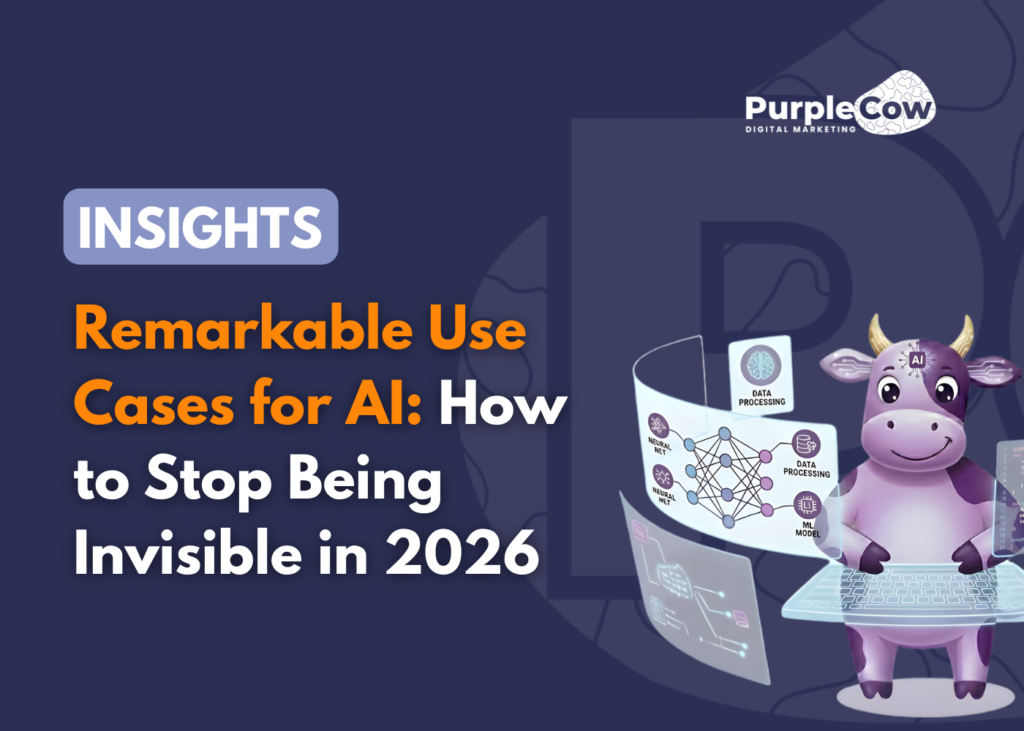 A digital illustration shows a purple cow mascot at a desk with data charts, alongside text about AI use cases and visibility in 2026. "Insights" and "PurpleCow Digital Marketing" are featured.