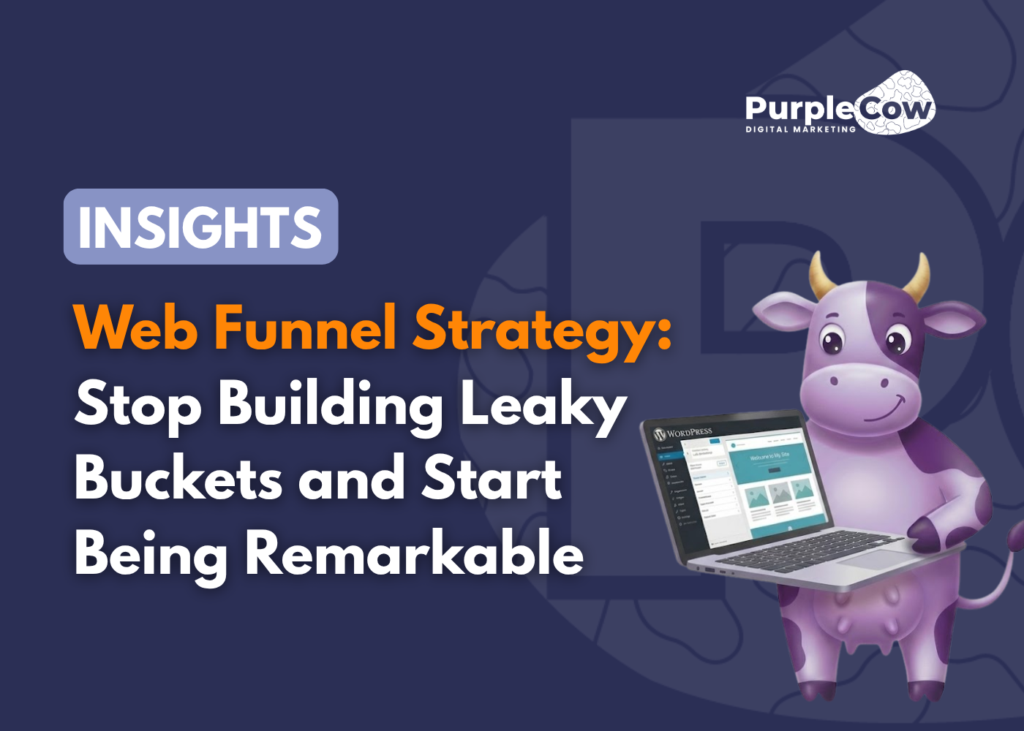 A cartoon cow holding a laptop stands next to text about web funnel strategy from Purple Cow Digital Marketing.
