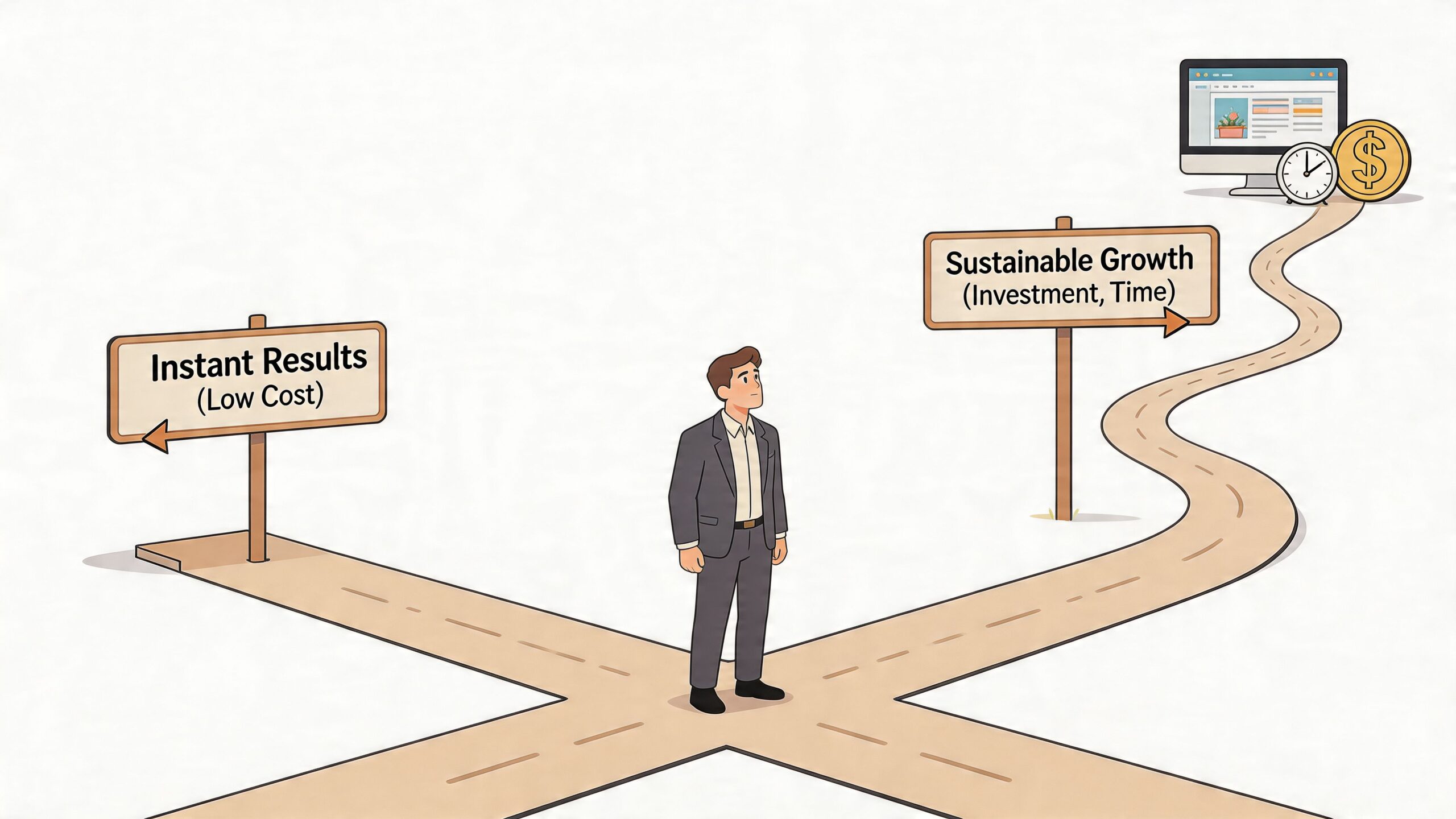 A businessman standing at a crossroads choosing between instant results and sustainable growth for business development.