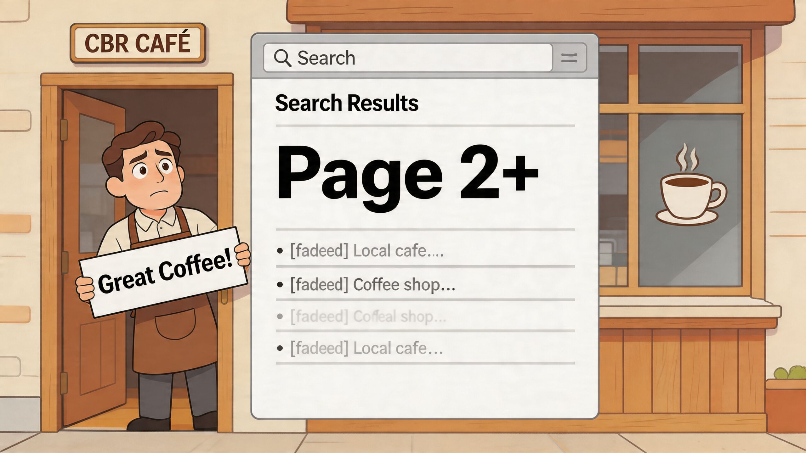A cafe owner holds a sign saying Great Coffee in front of a search results page.