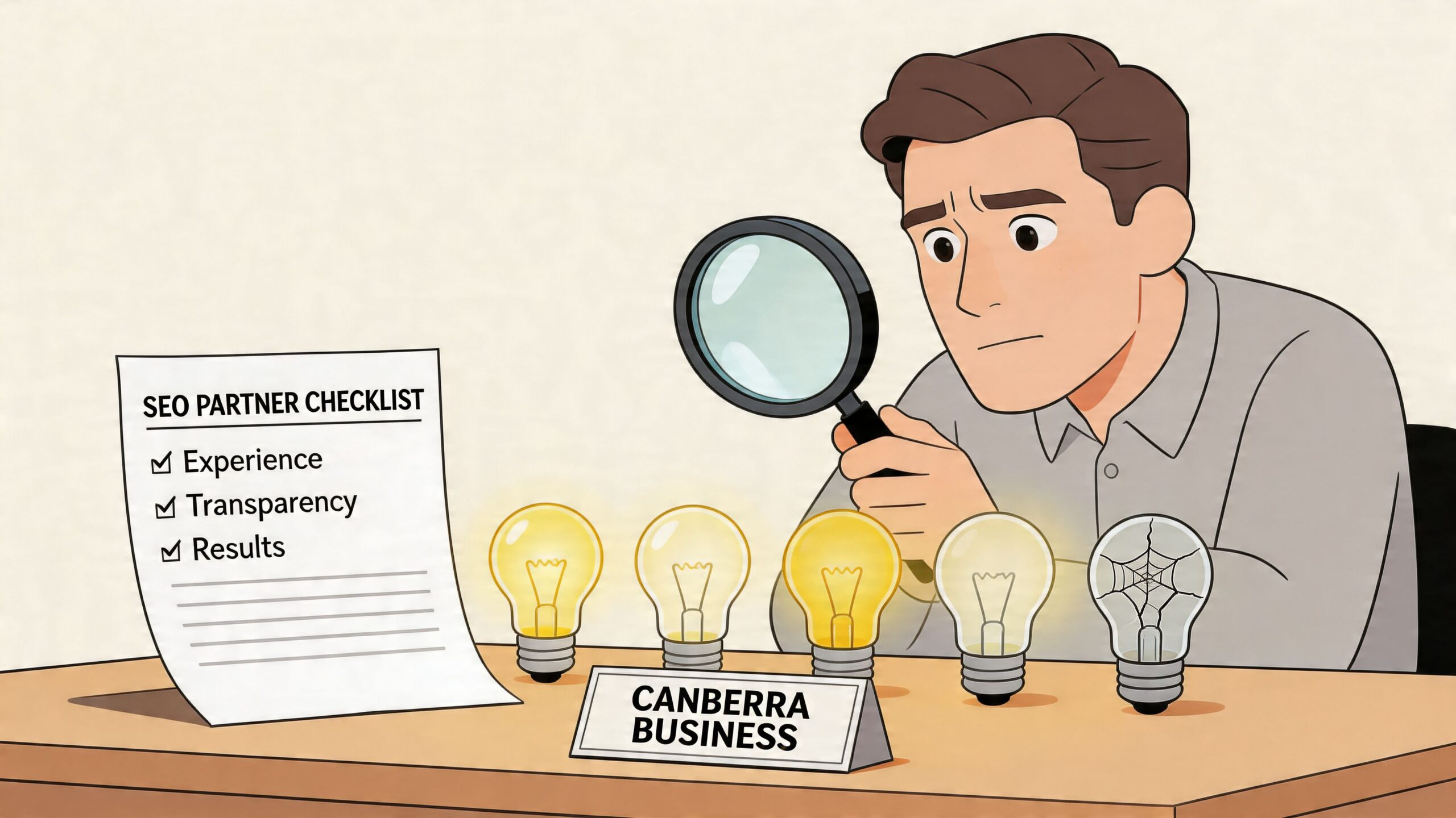 A professional examining light bulbs with a magnifying glass next to an SEO partner checklist.