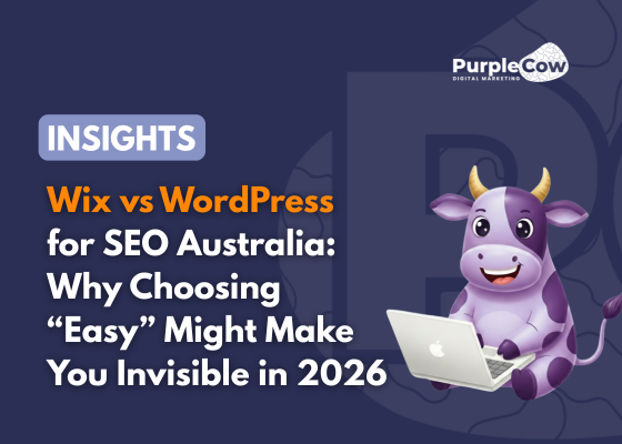 A cartoon cow using a laptop sits next to text discussing Wix vs WordPress for SEO Australia, with a warning about choosing easy options for 2026.