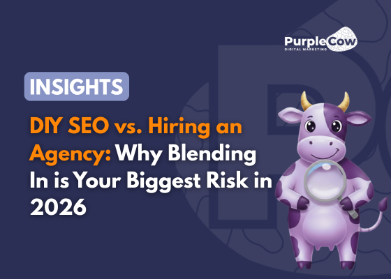 A cartoon cow holding a magnifying glass stands next to text exploring diy seo vs hiring an agency in 2026, featuring the Purple Cow Digital Marketing logo.