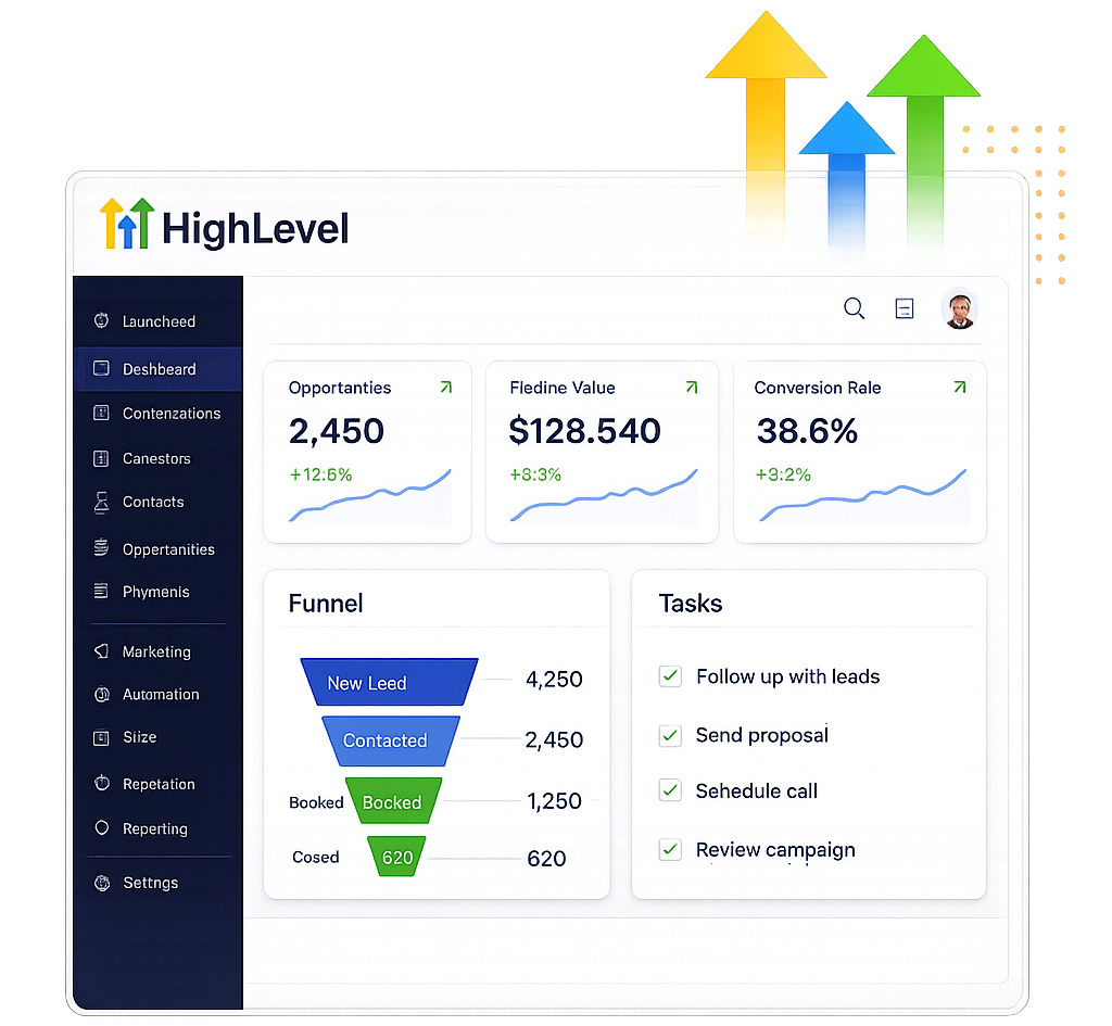 A dashboard on the Go High Level Australia software interface displays sales metrics, a funnel graphic, and a task list, with blue, yellow, and green arrows pointing upward in the background.