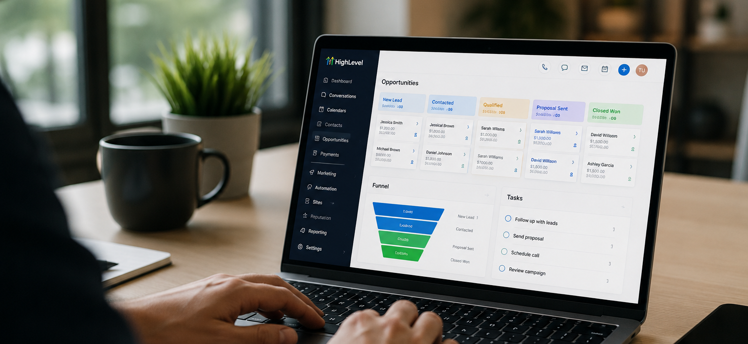 Person using a laptop displaying a CRM dashboard with opportunities, funnel stages, and tasks—powered by Go High Level Australia—next to a coffee mug and plant on a wooden desk.